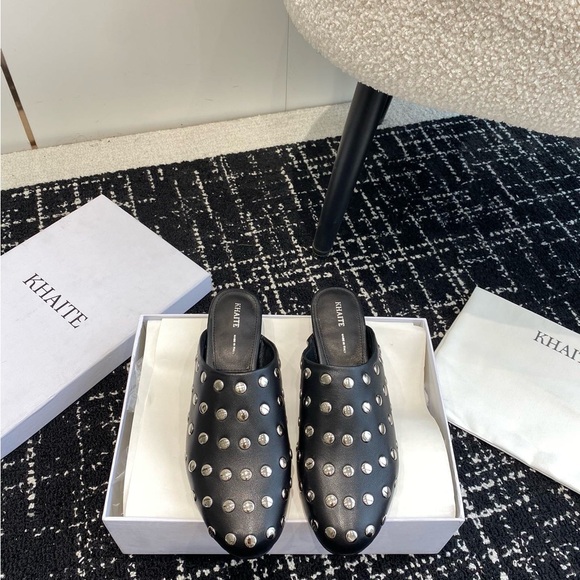 KHAITE Shoes - KHAITE Black Leather Studded Slip-On Mules